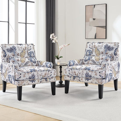 Floral Accent Chair Set of 2 with Lumbar Pillow,Upholstered Wingback Reading Armchair with Nailhead Trim, Mid-Century Single Sofa Chair for Living Room, Bedroom, Blue Floral