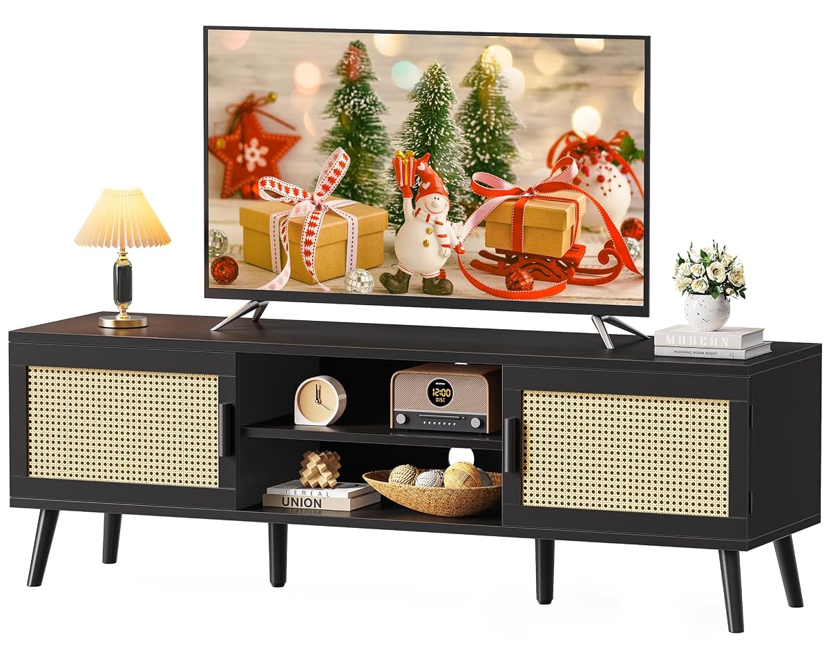 TV Stand for 65 Inch TV, Entertainment Center with Adjustable Shelf, Rattan TV Console with 2 Cabinets, Media Console, Solid Wood Feet, 4 Cord Holes, for Living Room, Black