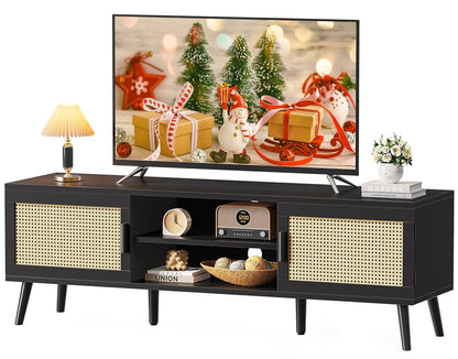 TV Stand for 65 Inch TV, Entertainment Center with Adjustable Shelf, Rattan TV Console with 2 Cabinets, Media Console, Solid Wood Feet, 4 Cord Holes, for Living Room, Black