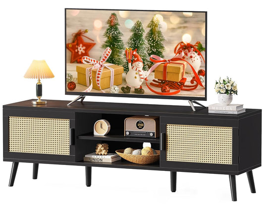 TV Stand for 65 Inch TV, Entertainment Center with Adjustable Shelf, Rattan TV Console with 2 Cabinets, Media Console, Solid Wood Feet, 4 Cord Holes, for Living Room, Black