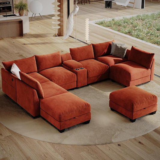 136.4" Modular Sectional Sofa, U-Shaped 8 Seater Sectional Sofa with Storage Ottoman, Linen L-Shaped Couch Large Cloud Couch with Cup Holders & USB for Living Room（Orange