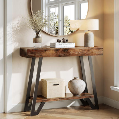 41-Inch Console Table with Geometric Metal Frame, Rustic Brown, Entryway Tables, Storage Shelves, 2-Tier, Industrial, Hallway Sofa Table, Accent Table, Living Room