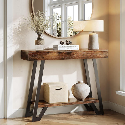41-Inch Console Table with Geometric Metal Frame, Rustic Brown, Entryway Tables, Storage Shelves, 2-Tier, Industrial, Hallway Sofa Table, Accent Table, Living Room
