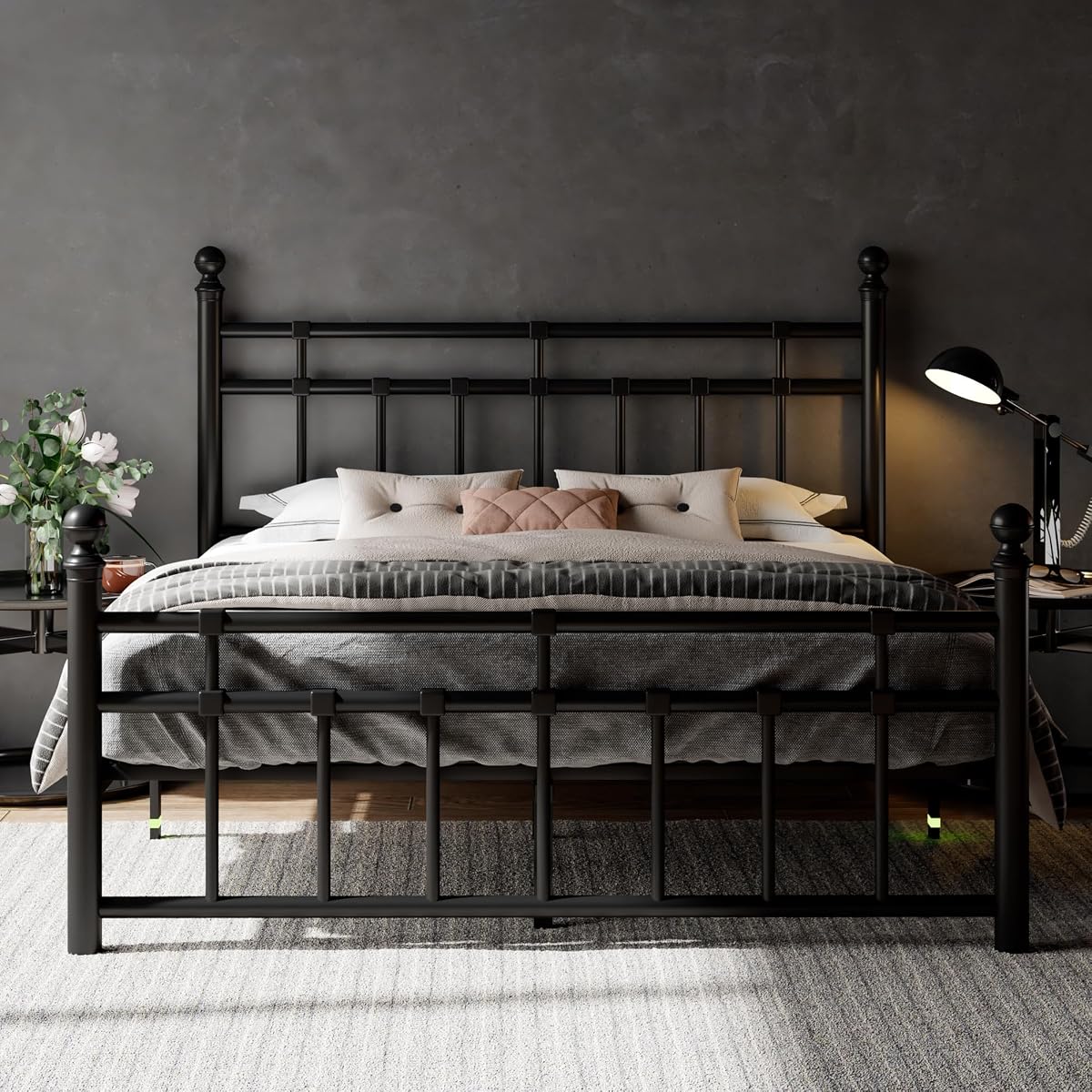 Full Size Metal Platform Bed Frame with Victorian Classic Iron-Art Headboard
