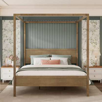 King Canopy Bed Frame with Headboard & 4 Posters, Antique Natural