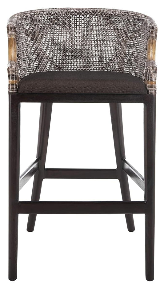 SAFAVIEH Furniture - Brando Rattan Bar Stool - Dark Brown - Solid Wood - Coastal Rattan-Back Design - Ideal for Kitchen, Bar Area, Dining Room (SEA4014A)