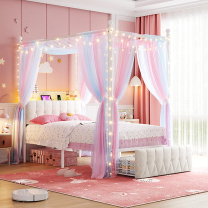 Twin Canopy Bed Frame with Drawers, LED and Charging Station,White