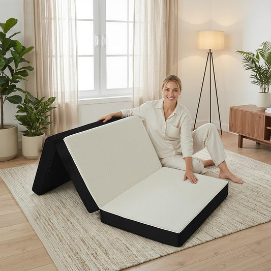 Foldable Mattress Twin, Memory Foam Tri Fold Mattress with Removable Washable Cover, 4 inch Folding Floor Mattresses Nap Pad for Guest, RV, Travel, Camping, White, 75"x38"x4"