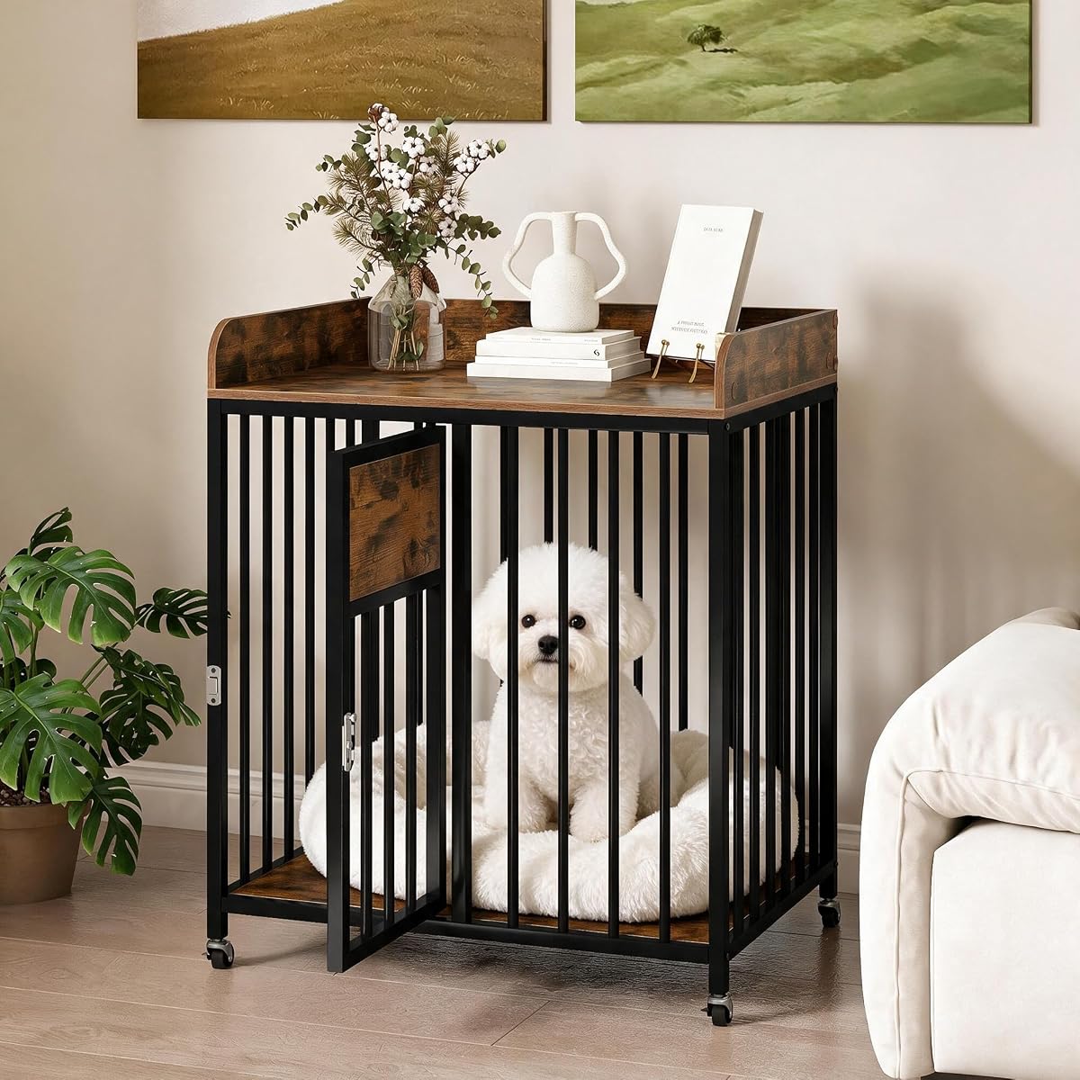 Dog Crate Furniture with Wheels, 33-inch Tall Dog Kennel Furniture