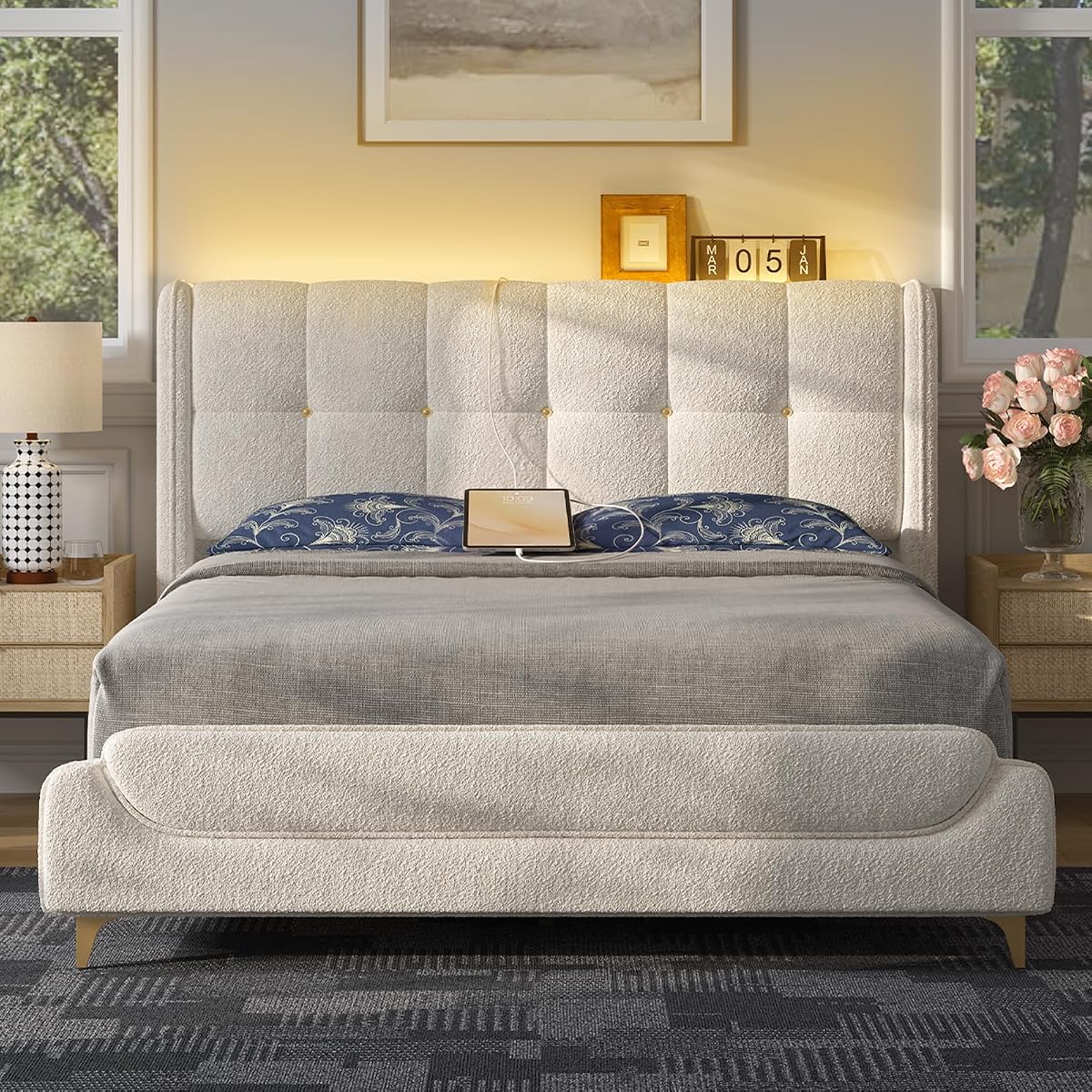 Queen Bed Frame with Charging Station & LED Lights