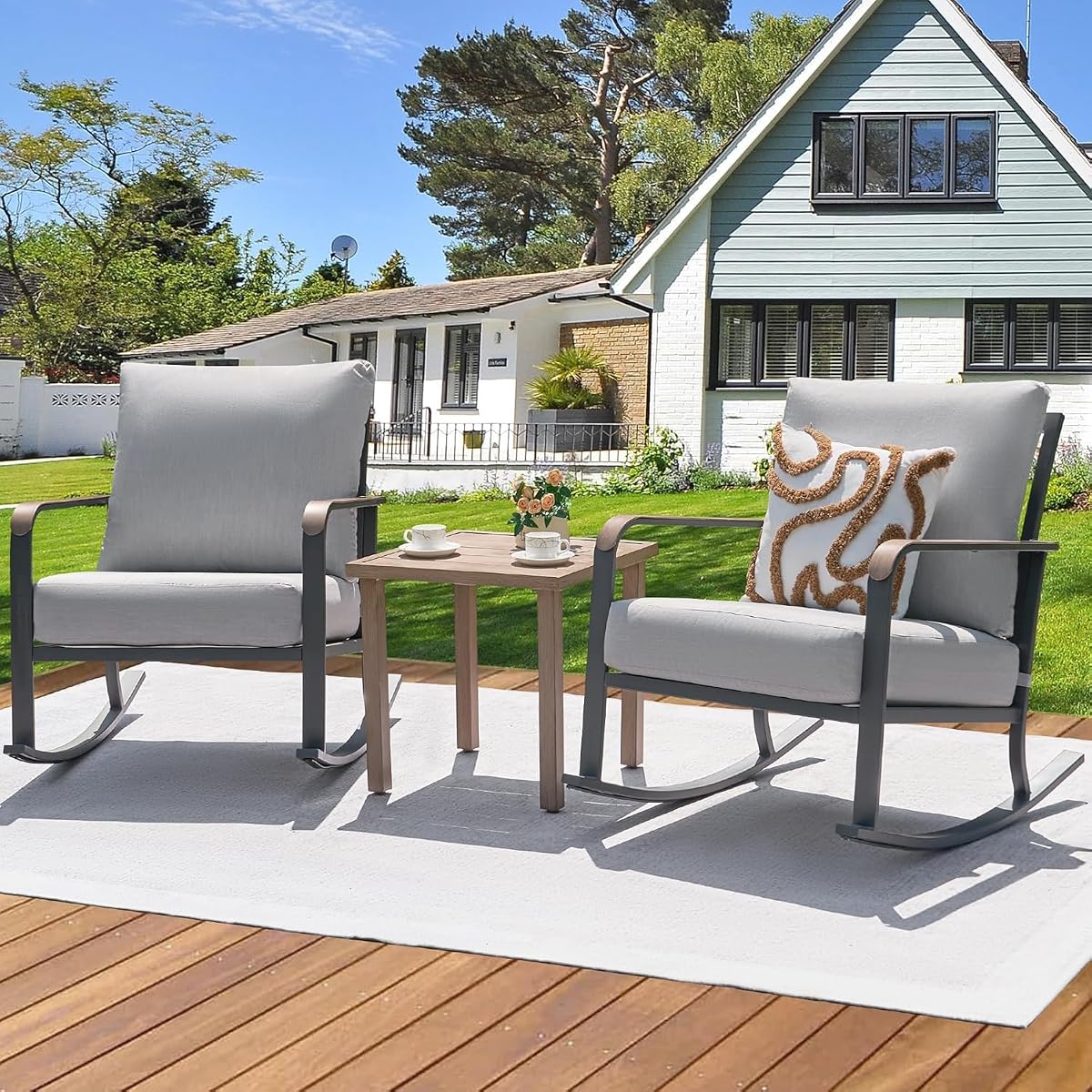 Glider Rocking Chair Bistro Set, 3 Pieces Outdoor Patio Furniture Conversation Set with 2 Rocker Chairs, 1 Table and Thick Cushions for Backyard, Porch, Balcony, 350lbs, Grey.