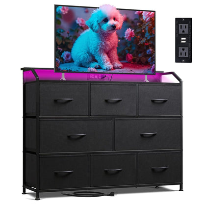 Dresser for Bedroom, 8 Drawer LED Dresser with Outlet, Black