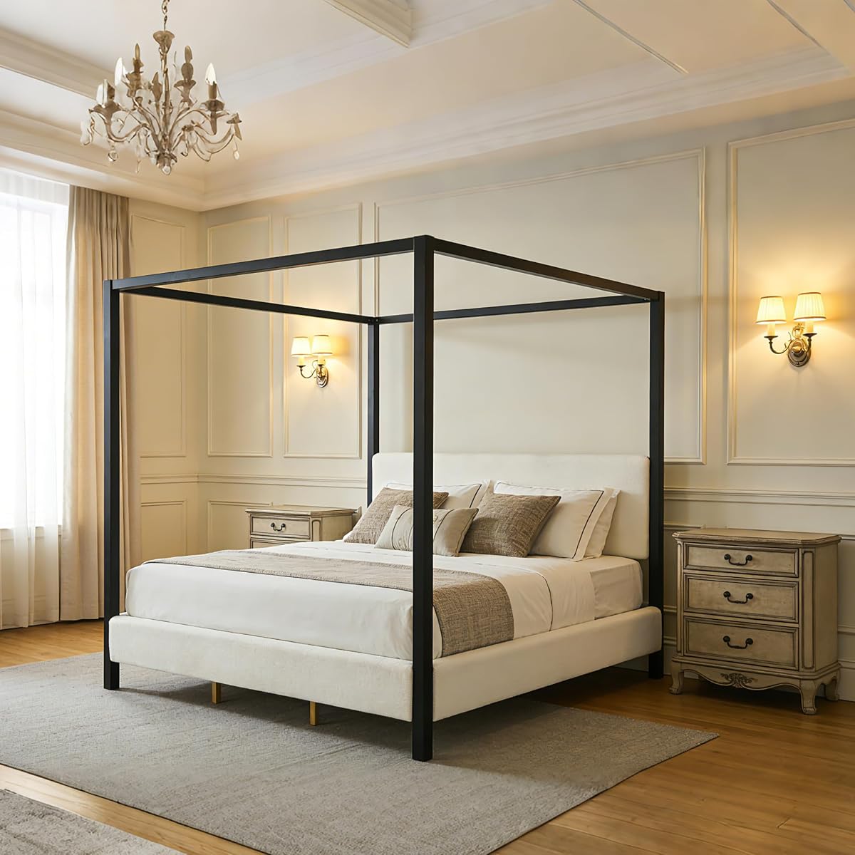 King Canopy Bed with Black Metal Frame and Plush White Bouclé Upholstery
