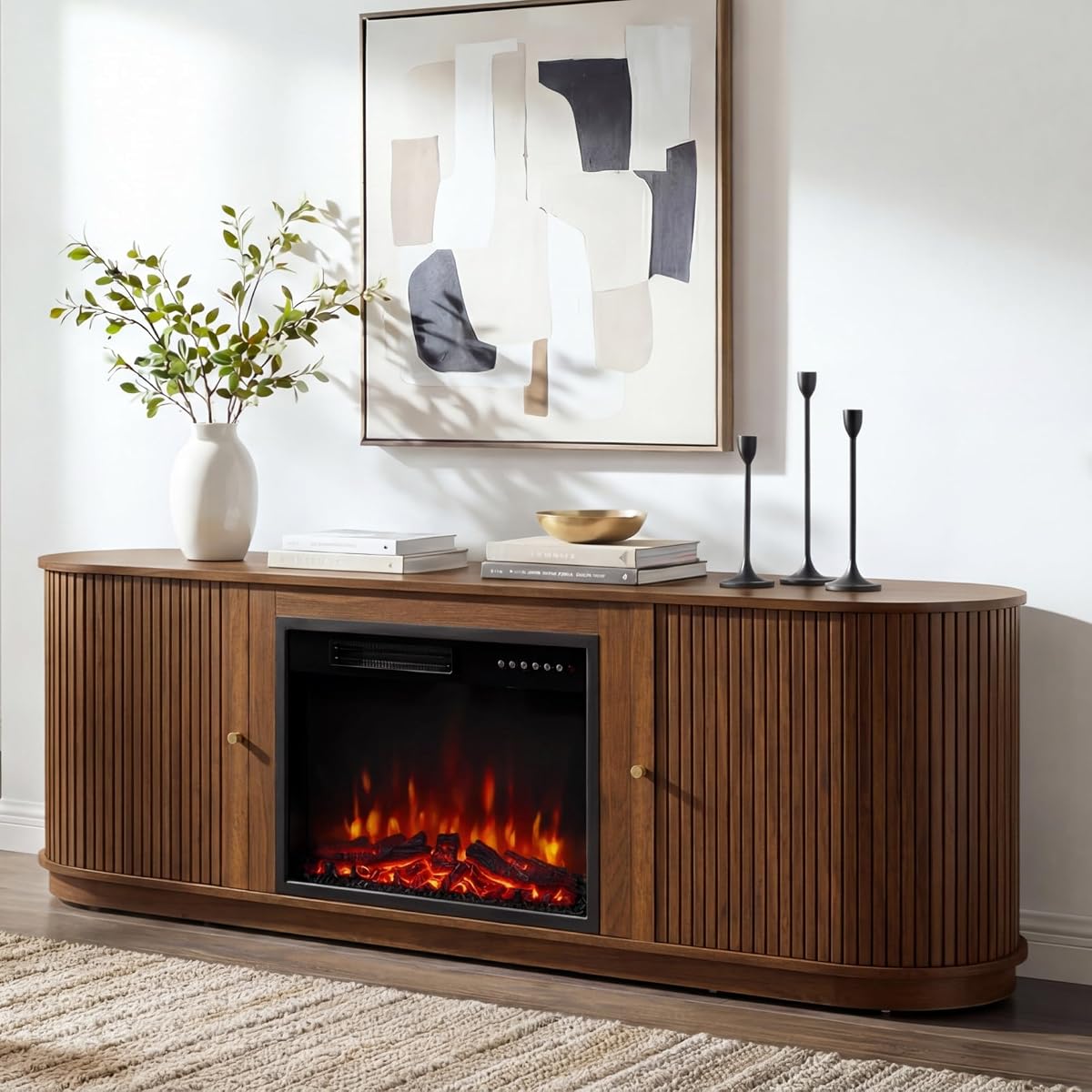 70'' Fluted Fireplace TV Stand for TVs Up to 80", Sliding Tambour Doors