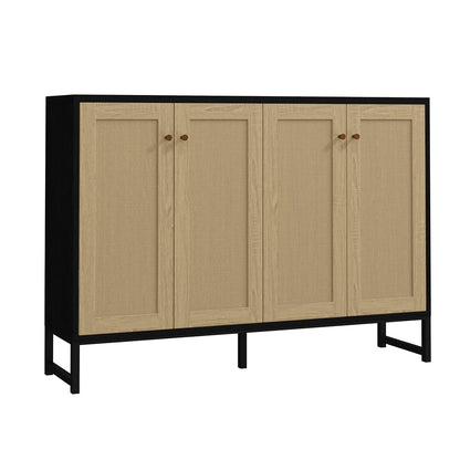 Sideboard Accent Storage Cabinet with Rattan Decorated 4 Doors Dining Room Freestanding Kitchen Buffet Table Cupboard (Black)