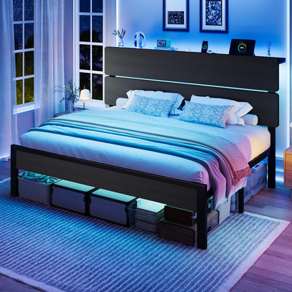 King Size Bed Frame, Led Light, Charging Station, Storage Shelf