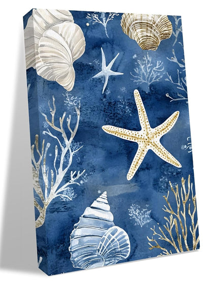 NuYeBiofx Ocean Starfish Seashell Waves Coral Canvas Wall Art Prints,48"x32" Framed Picture Artwork Navy Blue Printed Canvas Oil Painting for Living Room Bedroom Office,Ready to Hang