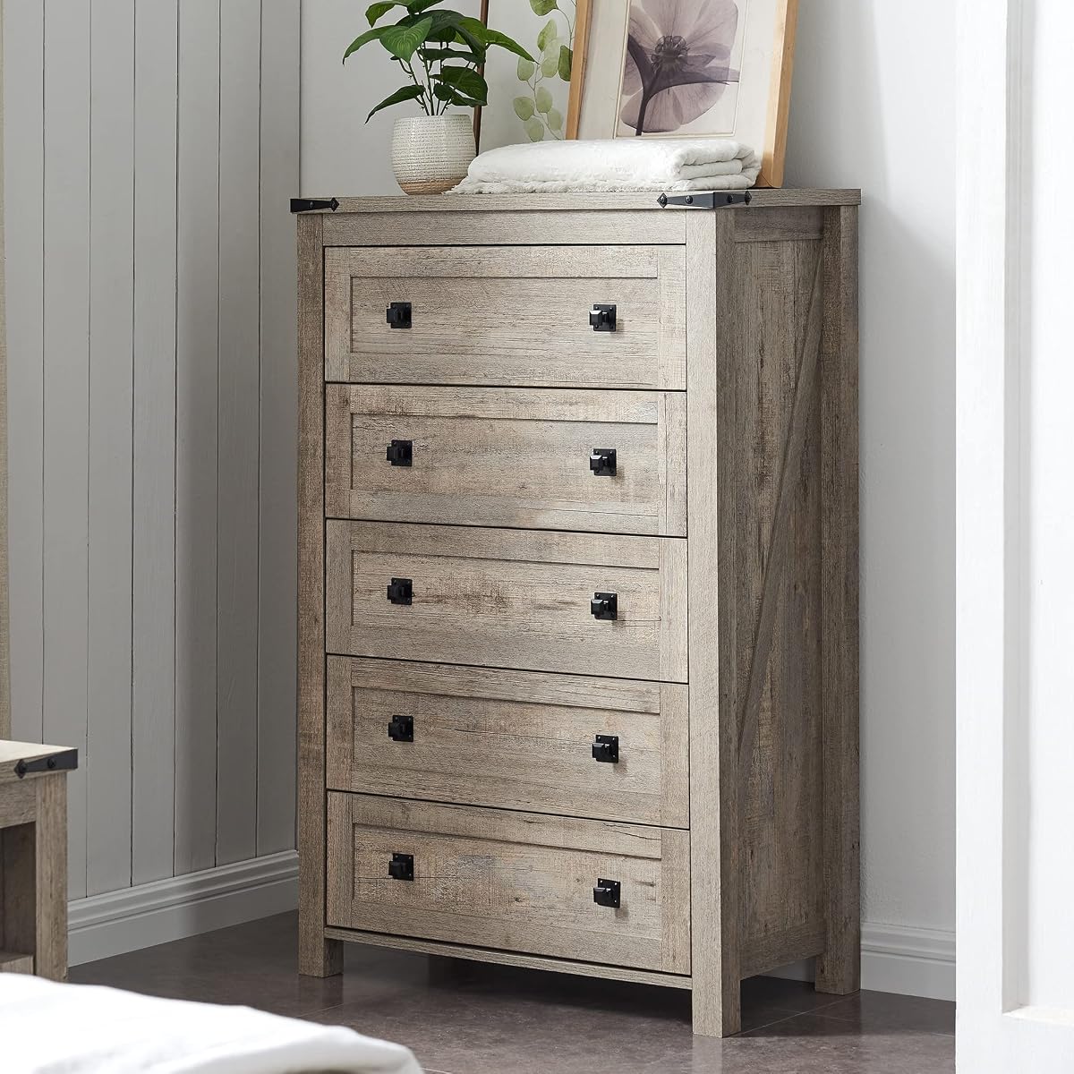 48" Tall Farmhouse 5-Drawer Dresser for Bedroom, Light Rustic Oak | Rustic chests of drawers, Wood Storage Cabinet, Metal Handle, Unique Corner Accent, Bedroom, Living Room, Hallway