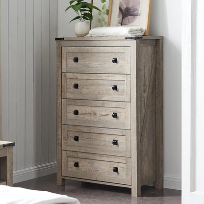 48" Tall Farmhouse 5-Drawer Dresser for Bedroom, Light Rustic Oak | Rustic chests of drawers, Wood Storage Cabinet, Metal Handle, Unique Corner Accent, Bedroom, Living Room, Hallway