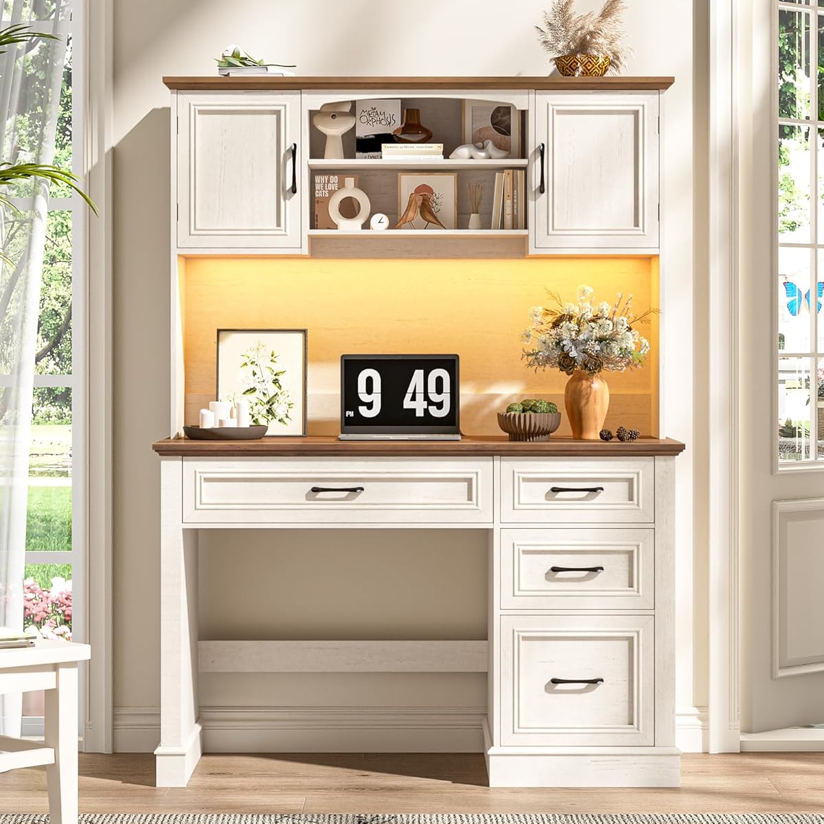 Farmhouse 67" H Executive Desk with Hutch,LED Light and Charging Station, Computer Desk with Storage Drawers & File Drawer, Workstation for Home Office & Study.Unique White