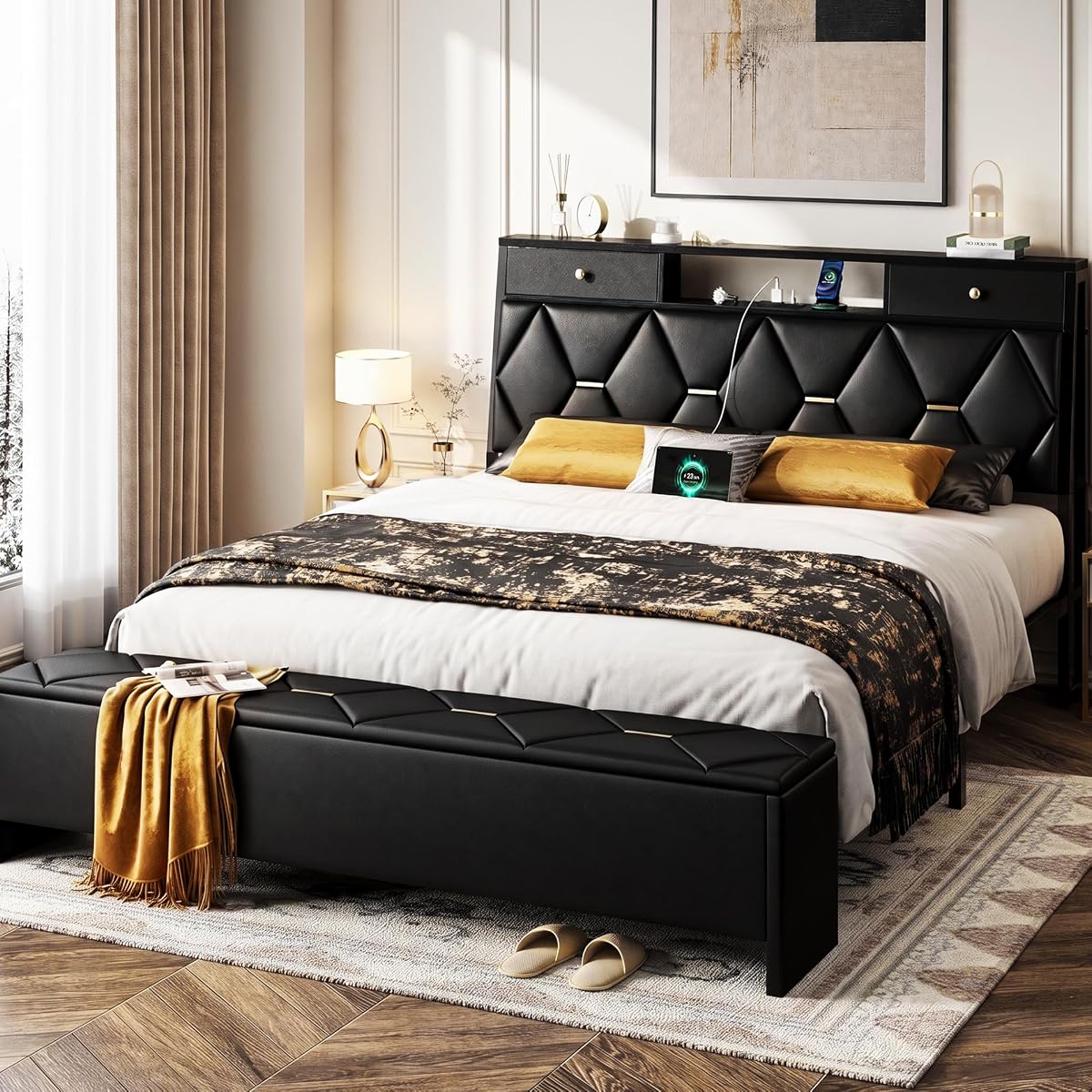 Queen Bed Frame with Storage Headboard and Drawers, PU Leather