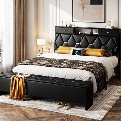 Queen Bed Frame with Storage Headboard and Drawers, PU Leather