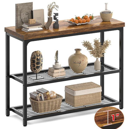 32" Small Console Table with Storage, 3-Tier Industrial Narrow Entryway Table with Mesh Shelves, Sofa Table Behind Couch for Hallway Foyer Living Room, Sturdy Metal Frame, Rustic Brown