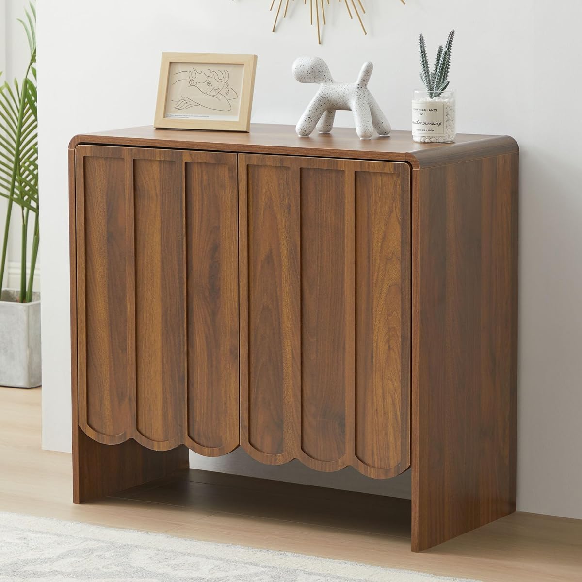 Sideboard Buffet Cabinet, Accent Storage Cabinets with 2 Doors, Farmhouse Wood Cabinet with Adjustable Shelves and Wave Panel for Living Room, Dining Room, Entry - Walnut