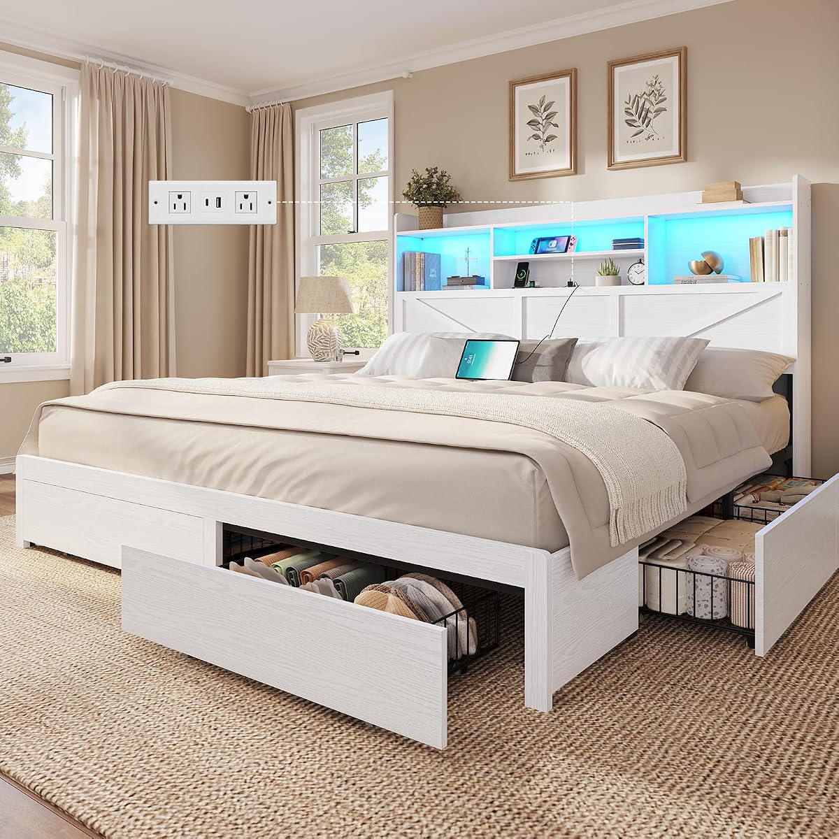 King Bed Frame with 6 Storage Drawers