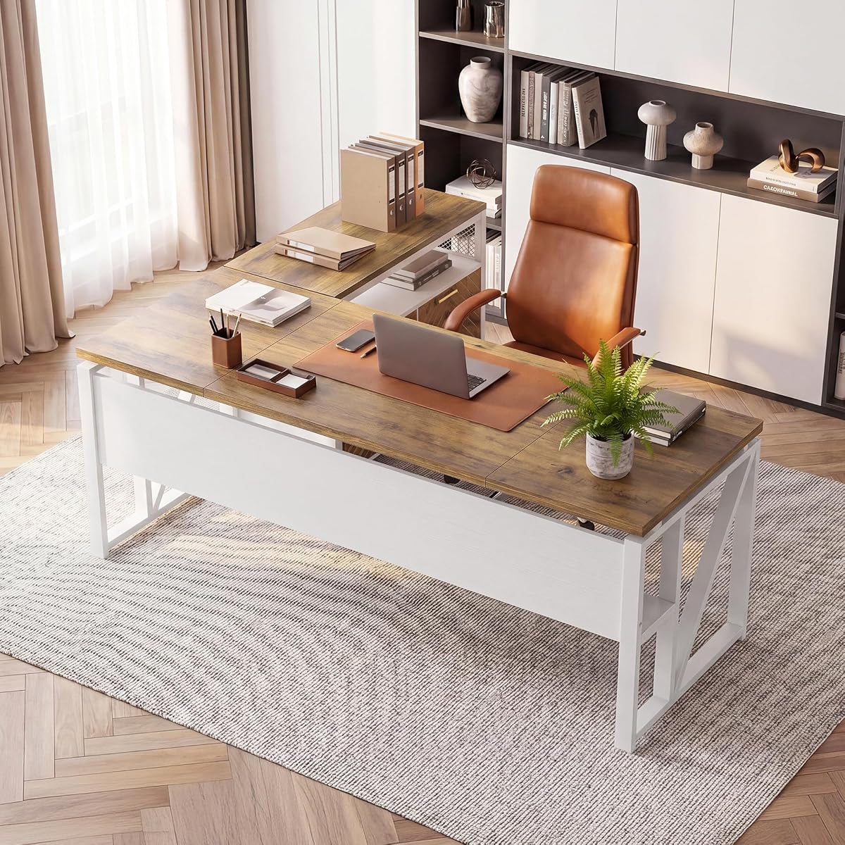 63" Executive Desk with Drawer Cabinet, L-Shaped Desk, Walnut
