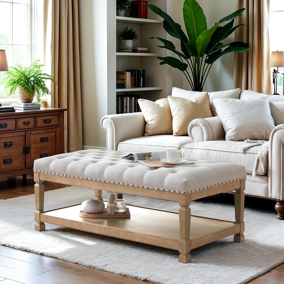 48" Coffee Tables for Living Room, Oversized Storage Ottoman Coffee Table, Fabric Tufted Ottomans, Upholstered Storage Ottoman Bench for Bedroom, Entryway (Beige)