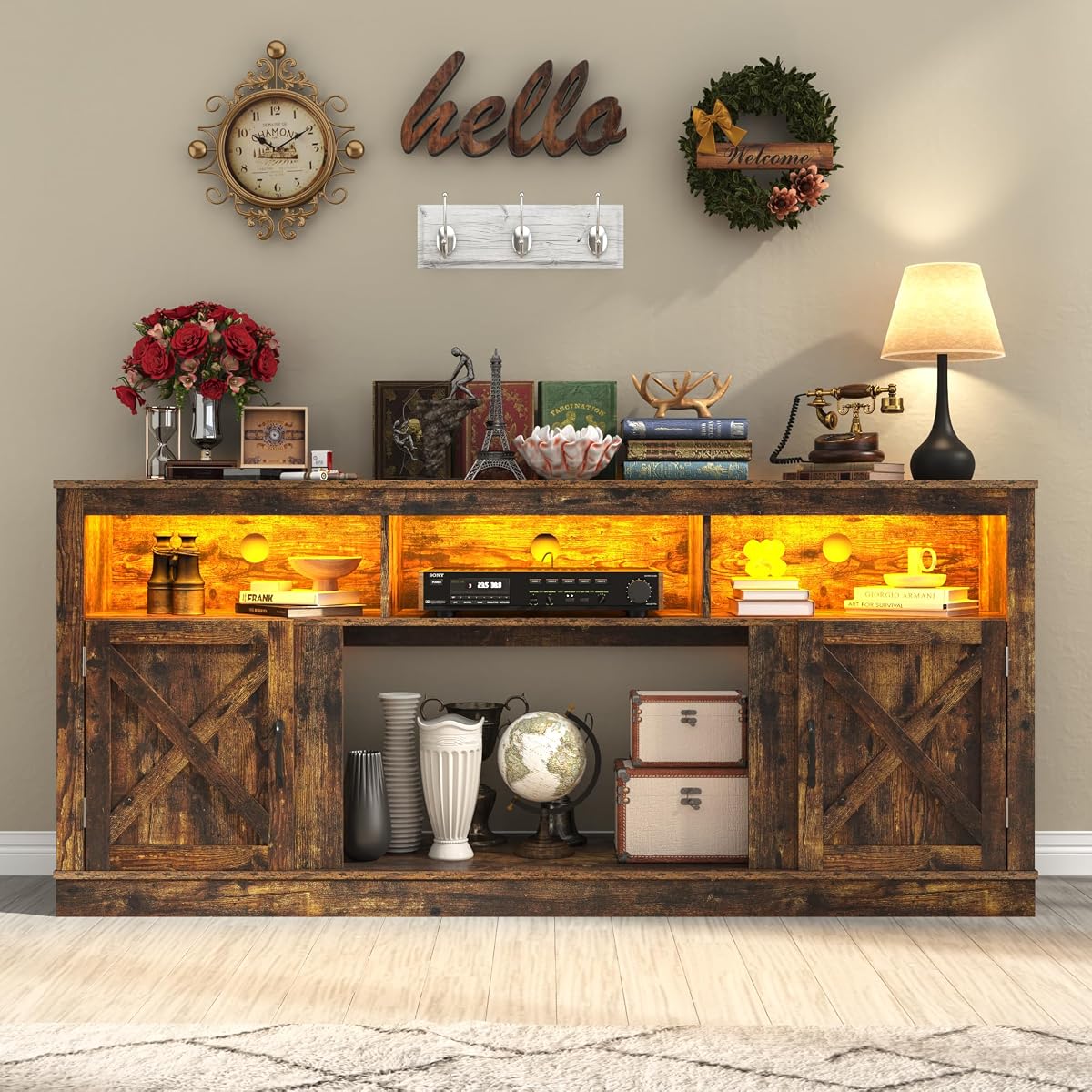 Farmhouse TV Stand for 70/75/80 Inch TV, 32”Tall Entertainment Center w/LED Light, Large Media Console Cabinet w/Barn Doors & Adjustable Shelves for Living Room, Rustic Brown