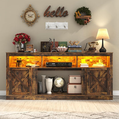 Farmhouse TV Stand for 70/75/80 Inch TV, 32”Tall Entertainment Center w/LED Light, Large Media Console Cabinet w/Barn Doors & Adjustable Shelves for Living Room, Rustic Brown