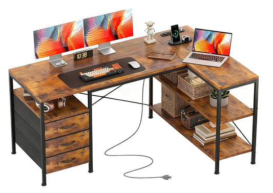 L Shaped Computer Desk, 47 Inch Corner Desk with Drawers and Power Outlets, Home Office Desk for Gaming, Study Writing PC Table with Storage and Reversible Shelf, Rustic Brown