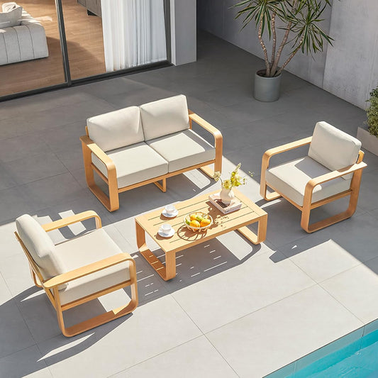 CHITA Outdoor Furniture Set 4 Piece, 4-Seats Patio Conversation Set, Brown | 100% Aluminum Frame, Wood-Like Finish Grain, 6.3in Thickened Cushion, OEKO-TEX Olefin Washable Covers, Anti-slip Straps