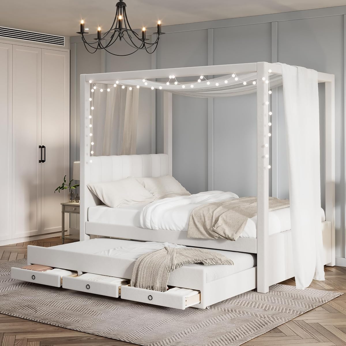 Full Size Upholstery Canopy Bed Frame with Trundle & 3 Drawers