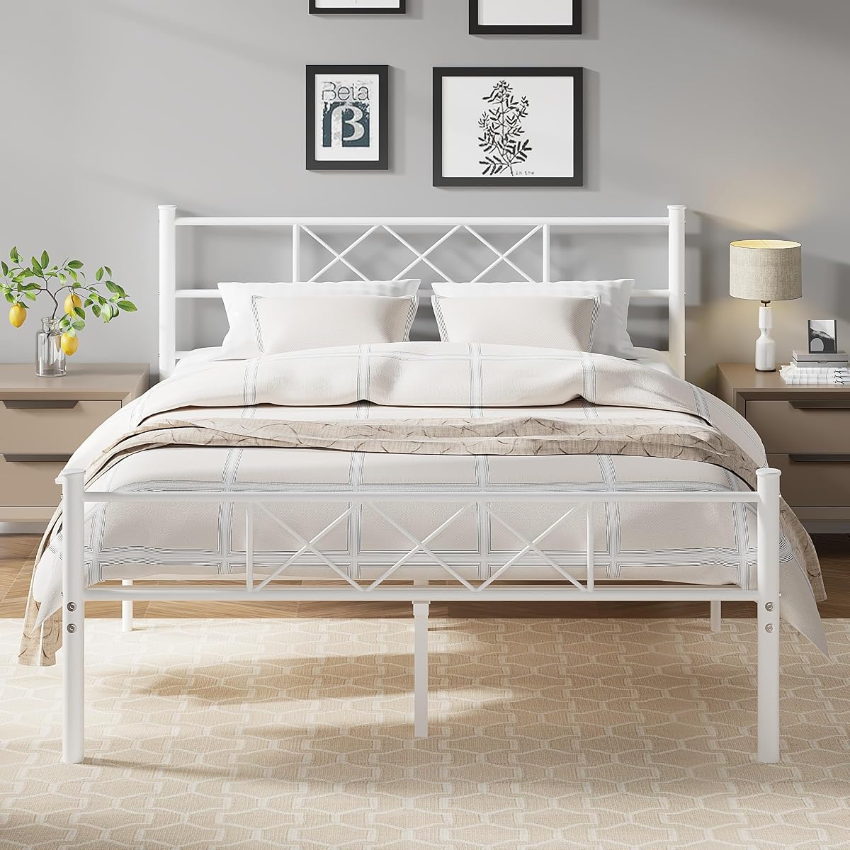 Full Size Bed Frame with Headboard, Heavy Duty Bedframe with Strong Metal Slats