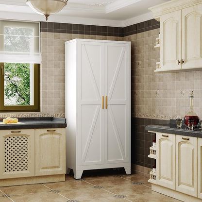 71" Metal Storage Cabinet with Doors and Shelves, Tall Pantry Cabinet in White with 2 Doors & 4 Adjustable Shelves, All-Steel Farmhouse Cupboard for Kitchen, Living Room,Home Office,Garage