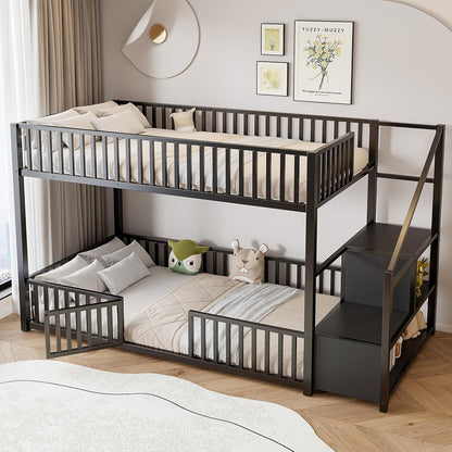JIVOIT Twin Size Bunk Bed with Storage Ladder, Metal Low Bunk Bed, Metal Slats (Black/ 102)