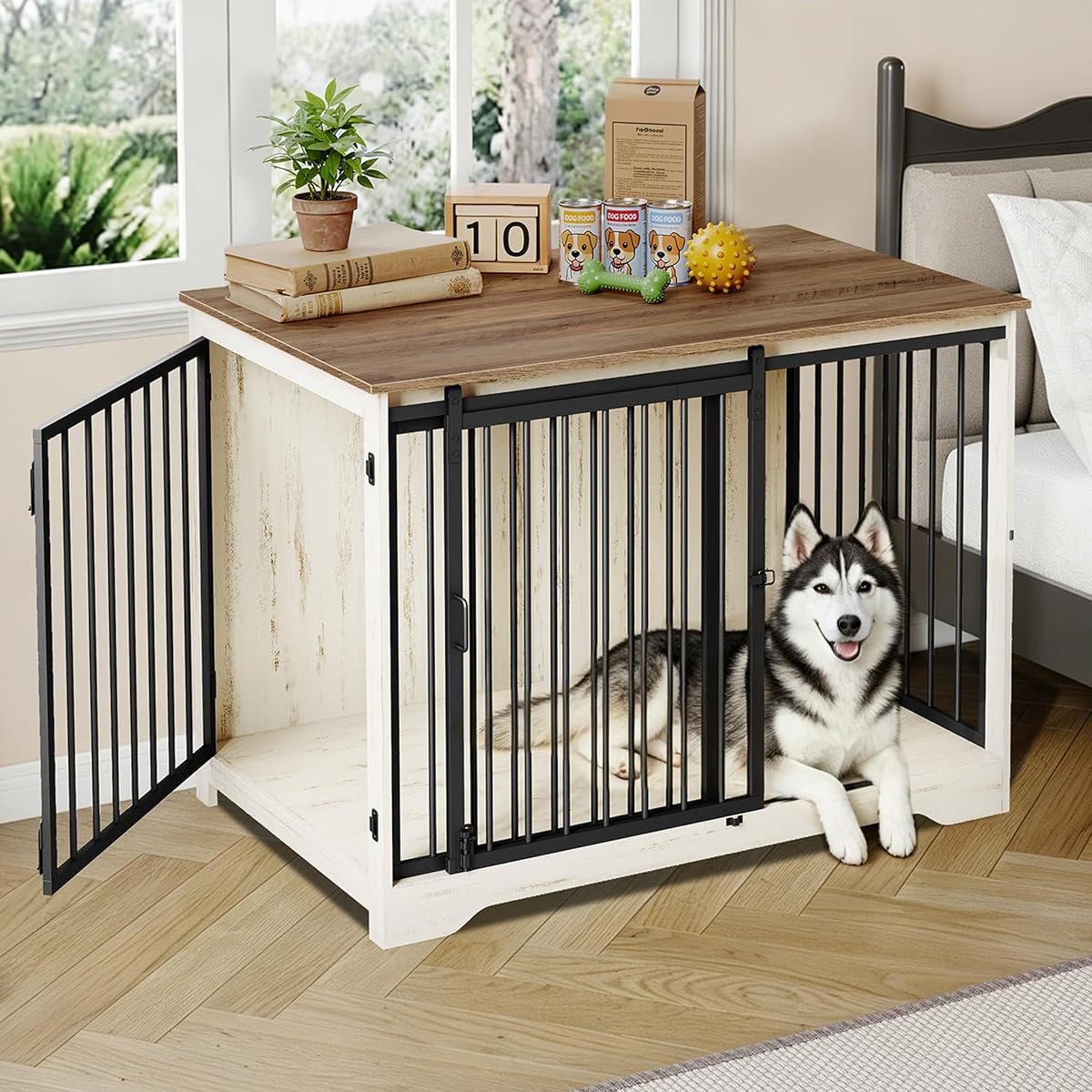 46.9" Dog Crate Furniture with Barn Door, Heavy Duty Dog Kennel Indoor with 2 Doors, Wooden Pet Cage End Table for Large Medium Dogs, Anti-Chew Anti-Escape, White Brown DFC93314B