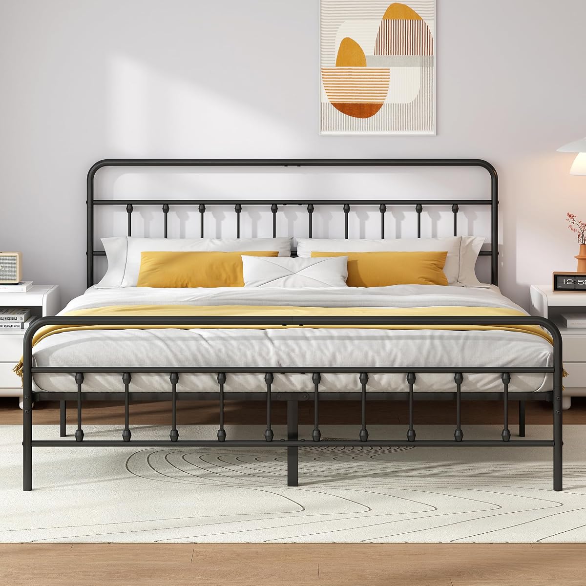 King Metal Bed Frame with Victorian Headboard & Footboard, Black