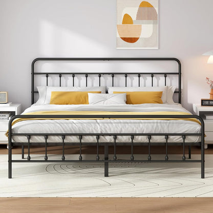 King Metal Bed Frame with Victorian Headboard & Footboard, Black