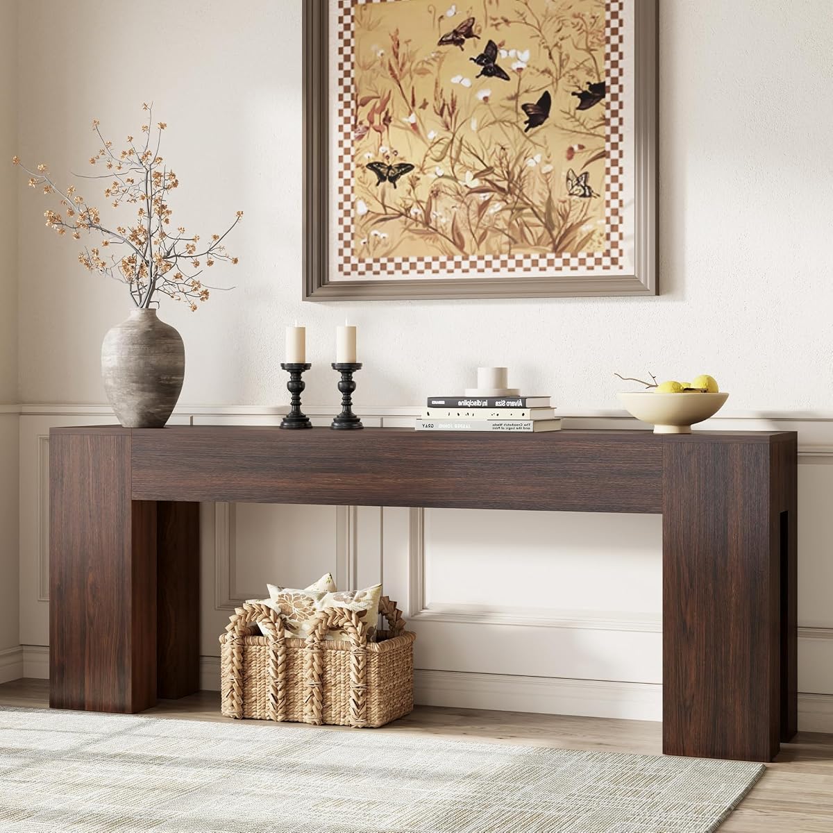 Extra Long Sofa Console Table for Entryway Living Room, 79-Inch Farmhouse Wood Behind Couch Table, Rectangular Accent Console with Wooden Double Base for Hallway Foyer Entrance, Walnut Brown