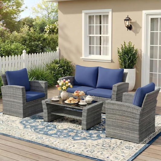 Patio Furniture Set, Wicker Outside Outdoor Furniture for All Weather, Patio Sofa with High Backrest Support and Wide Armrest for Backyard, Balcony, Deck, Porch, Navy Blue
