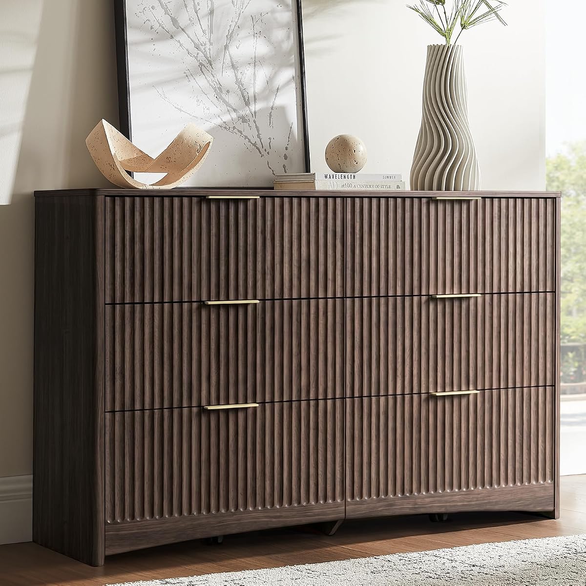 Amada Modern 6 Drawer Dresser, Fluted Wood Chest of Drawers, Walnut