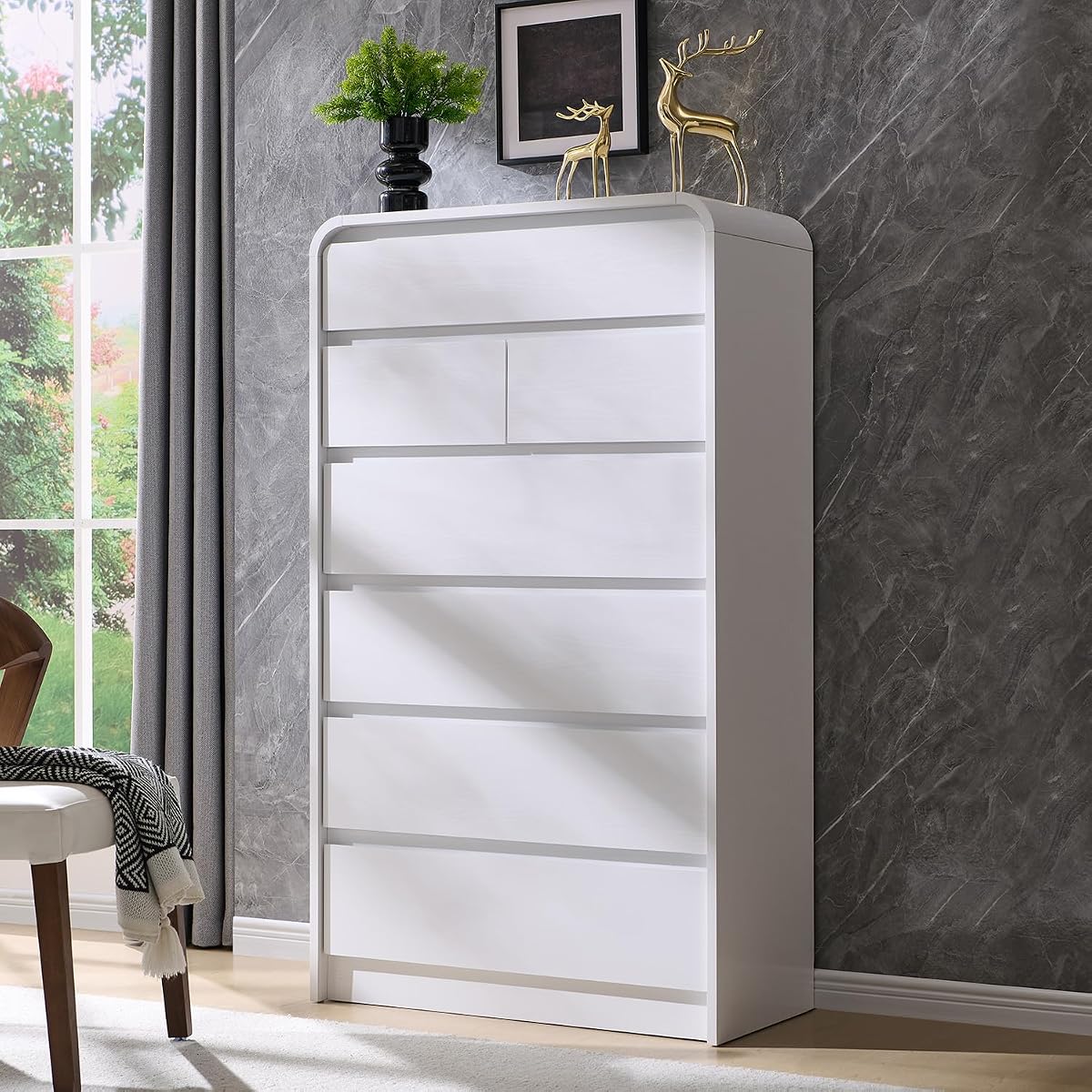 Modern 7 Drawers Dresser for Bedroom, 55" Tall Curved Dresser,White