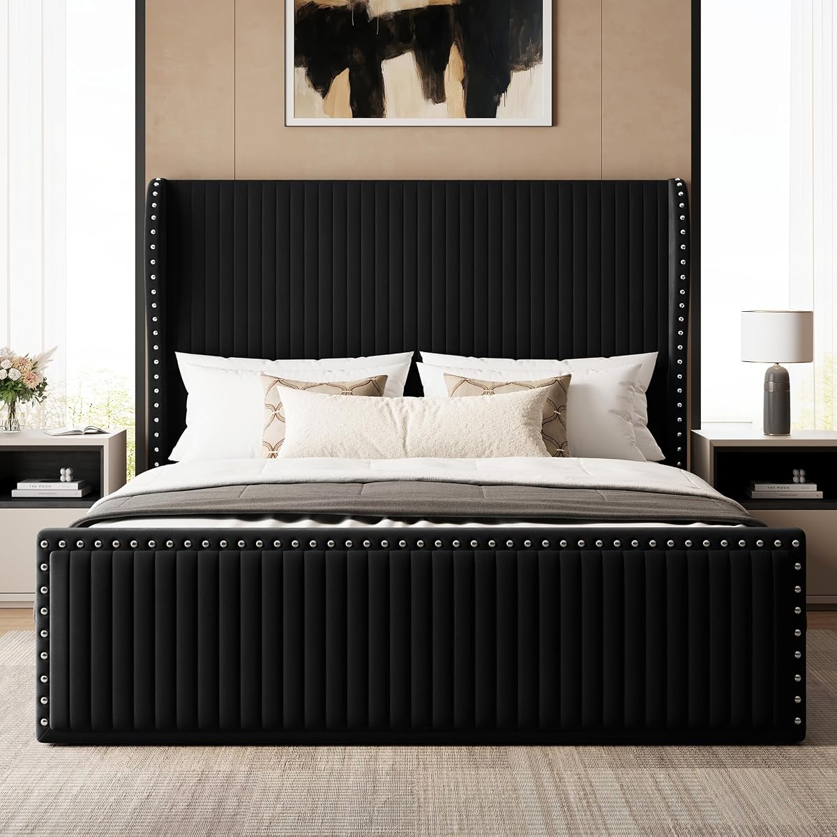 Queen Size Bed Frame with 55" Headboard Nailhead Trim Design, Black
