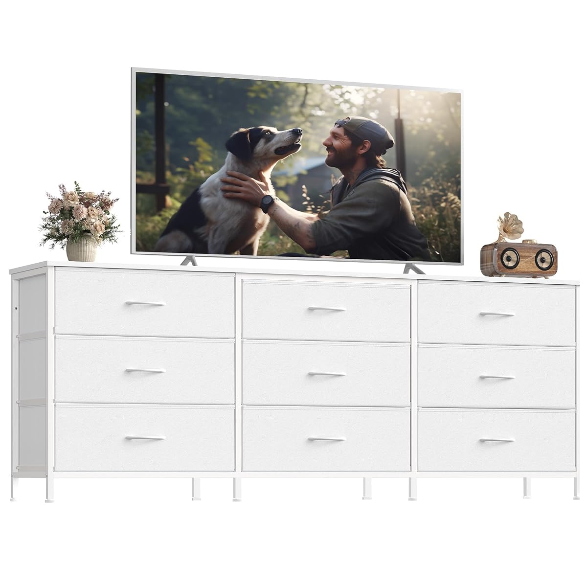 SONGMICS Dresser with 9 Fabric Drawers, TV Stand for TVs Up to 70 Inches