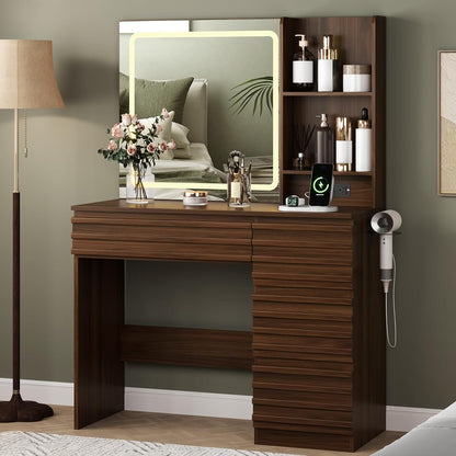 Makeup Vanity Desk with Lights, Fluted Vanity with 4 Drawers, Open Shelves