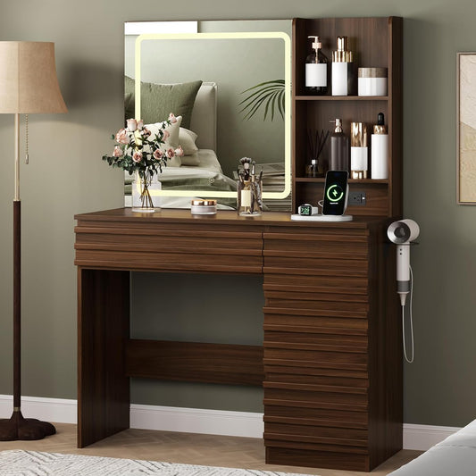 Makeup Vanity Desk with Lights, Fluted Vanity with 4 Drawers, Open Shelves